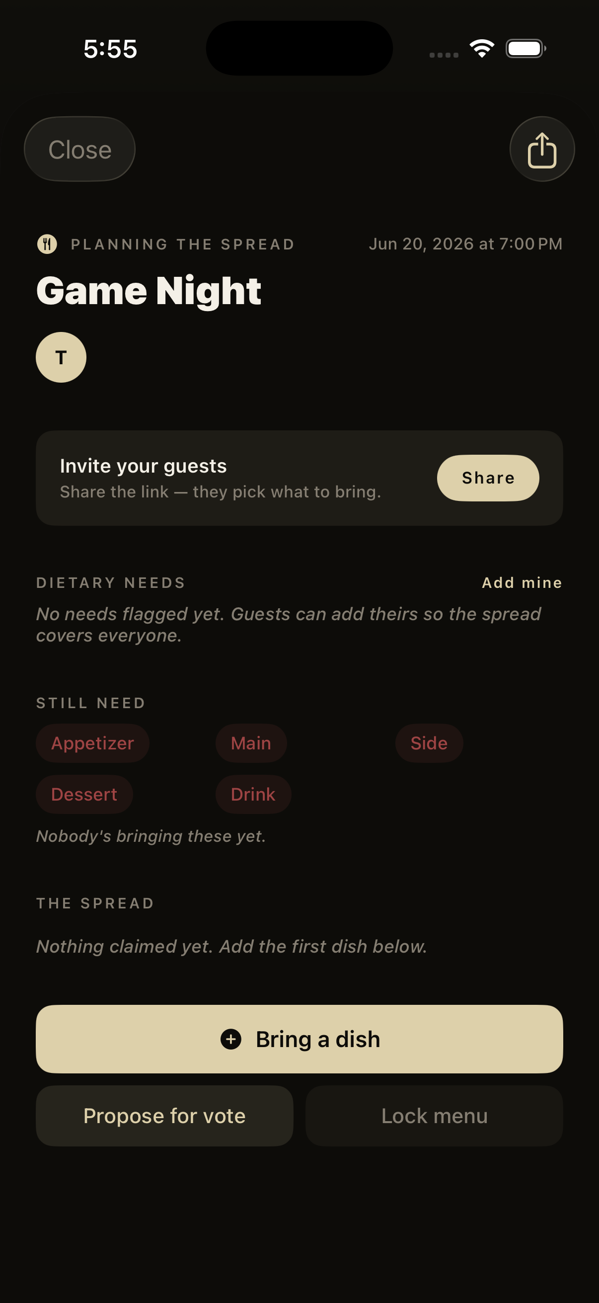 theBEAT theTABLE — a dinner that assembles itself, scaled and assigned. Real app capture.
