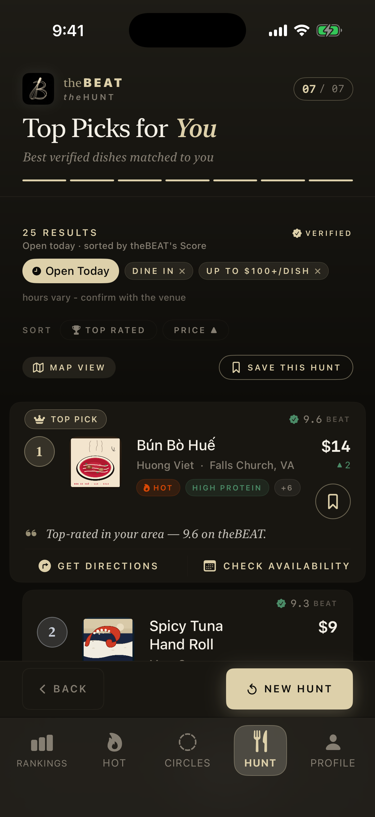 theBEAT The Hunt — tap a few wants, one verdict back. Real app capture.